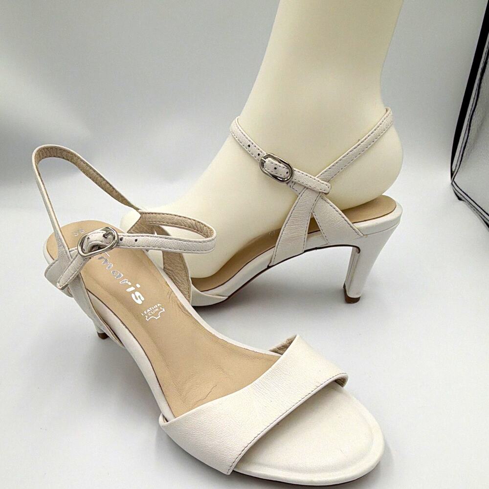 Tamaris Women’s White Leather Strappy Ankle Strap Block Heel Sandals 7